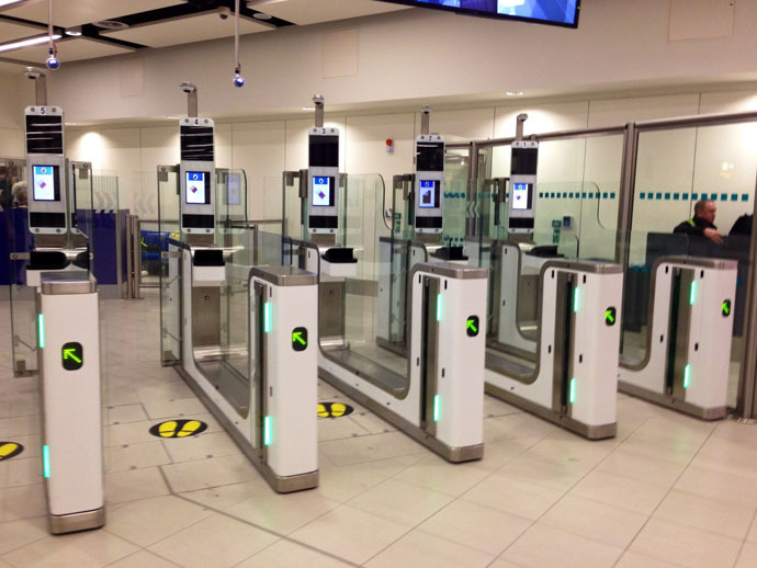 Vision-Box eGates (Automated Border Control) in Gatwick South terminal. (Photo from Wikipedia.org)