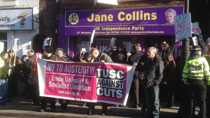 ​‘No to racism, no to bigotry’: Protesters trap Farage in Rotherham UKIP office