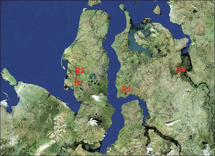 Four arctic craters: B1 - famous Yamal hole in 30 kilometres from Bovanenkovo, B2 - recently detected crater in 10 kilometres to the south from Bovanenkovo, B3 - crater located in 90 kilometres from Antipayuta village, B4 - crater located near Nosok village, on the north of Krasnoyarsk region, near Taimyr Peninsula. (The Siberian Times/Vasily Bogoyavlensky)