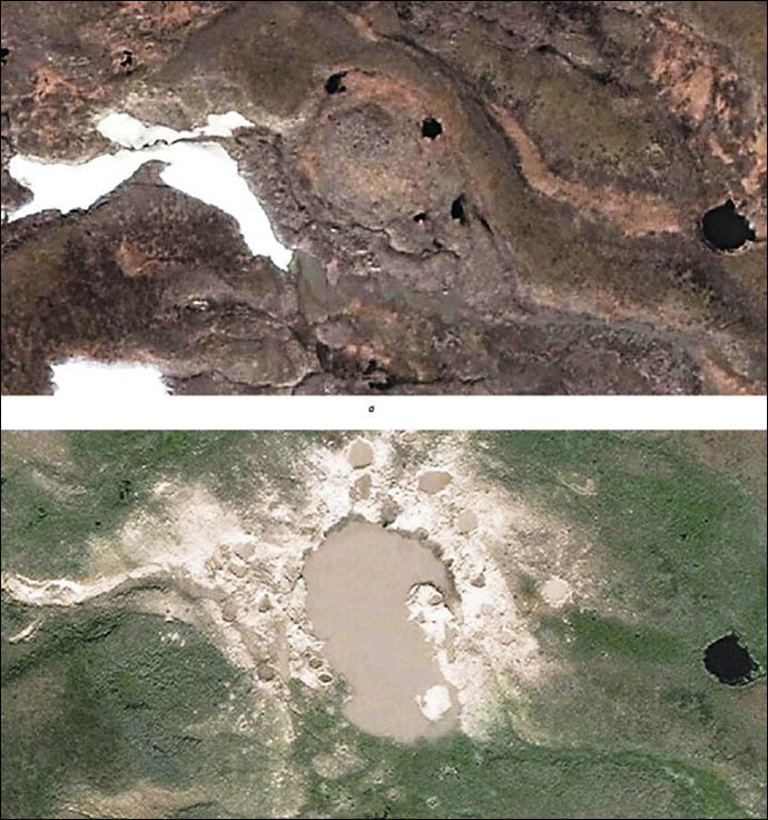 Satellite images showing pingo before the gas emission on the object B2 (top). Lake formed here at the place of the number of craters and the network of more than 20 'baby' craters around (bottom). (The Siberian Times/Vasily Bogoyavlensky)