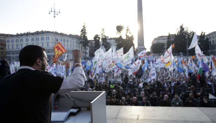 Northern League party leader Matteo Salvini speaks on stage during a rally downtown Rome, February 28, 2015. (Reuters/Max Rossi)