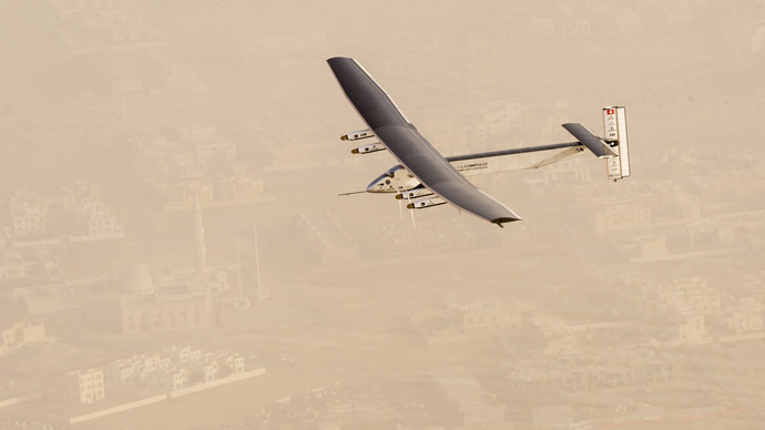 A view of the Solar Impulse 2 on flight after taking off from Al Bateen Airport in United Arab Emirates, in this handout picture provided to Reuters, courtesy of Jean Revillard, on March 9, 2015. (Reuters/Jean Revillard)