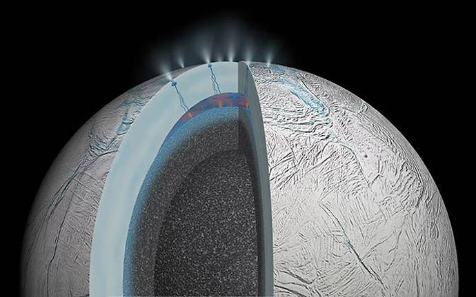 This cutaway view of Saturn's moon Enceladus is an artist's rendering that depicts possible hydrothermal activity that may be taking place on and under the seafloor of the moon's subsurface ocean, based on recently published results from NASA's Cassini mission.(Image Credit: NASA / JPL)