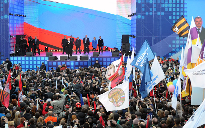 Russian President Vladimir Putin speaks at the rally and concert We Are Together staged at Vasilyevsky Slope to mark the first anniversary of Crimea's reunification with Russia, March 18, 2015. (RIA Novosti/Michael Klimentyev)