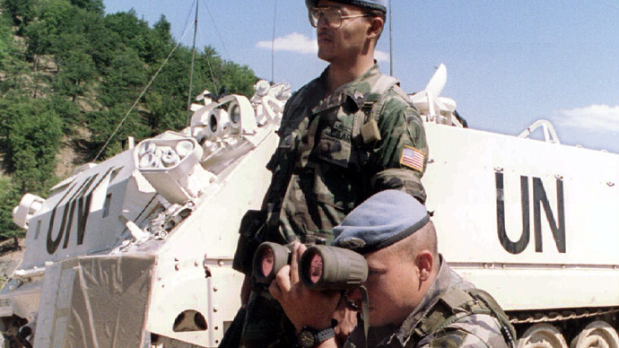 UN peacekeeping soldiers patrolling part of the border between Macedonia and Yugoslavia on August 20, 1993 (Reuters)