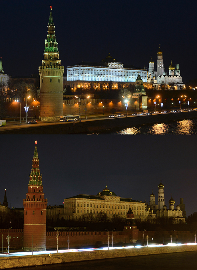 View of the Moscow Kremlin before and after the lights went out as part of the Earth Hour event to raise awareness for climate issues (RIA Novosti / Mikhail Voskresensky)