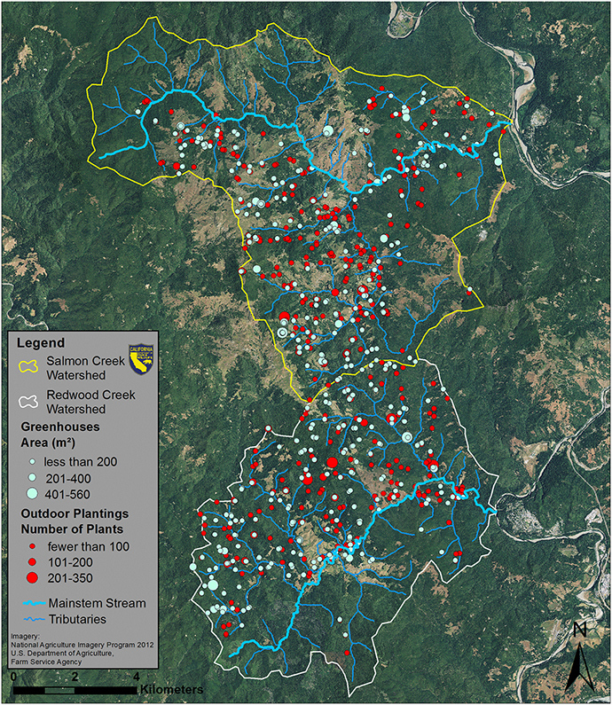 Outdoor marijuana plantings are marked in red and greenhouses are marked in light green (Image from PLOS)