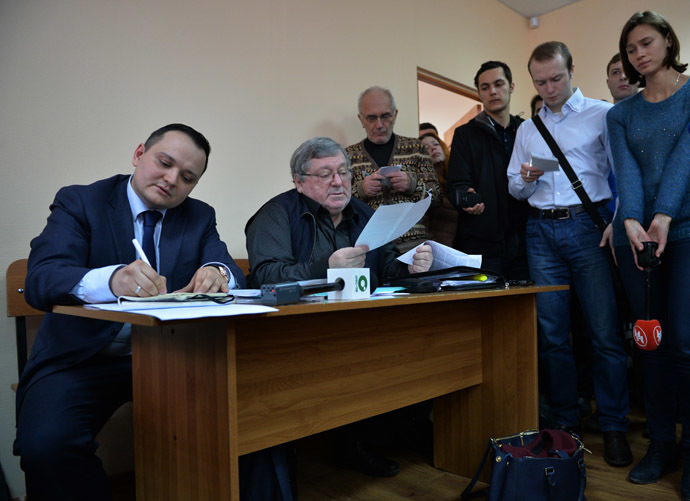 Second left: Boris Mezdrich, Director of the Novosibirsk Opera and Ballet Theater, and his lawyer attend court session hearing the case of Timofei Kulyabin, the stage director of the opera "Tannhauser." Earlier, a prosecutor's office opened administrative cases against Mezdrich and Kulyabin in connection with the "desecration of church utensils," to quote Metropolitan Tikhon of Novosibirsk and Berdsk. (RIA Novosti/Alexandr Kryazhev)