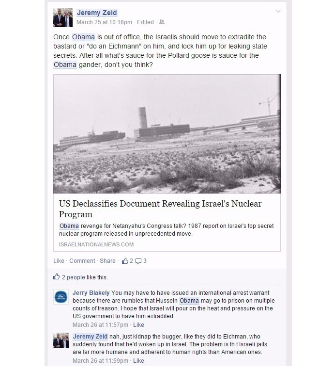 Screenshot of Jeremy Zeid's offensive Facebook post