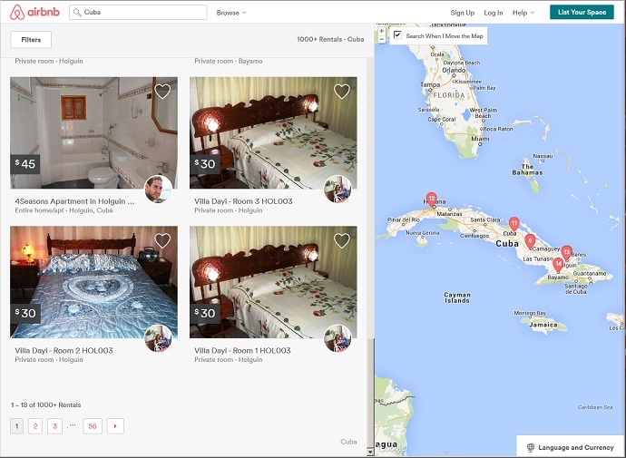 A sample of lodging available in Cuba on Airbnb (Screenshot from Airbnb.com)