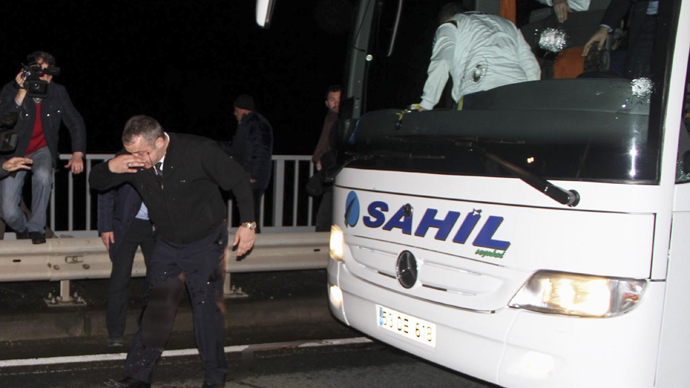 Bullets plough through bus carrying Turkish football team, wounding driver (VIDEO)