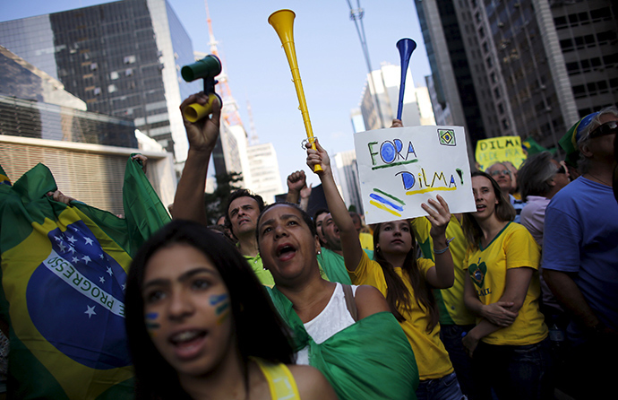 Demonstrators shout slogans during a protest against Brazil's President Dilma Rousseff at Paulista avenue in Sao Paulo April 12, 2015 (Reuters / Nacho Doce)