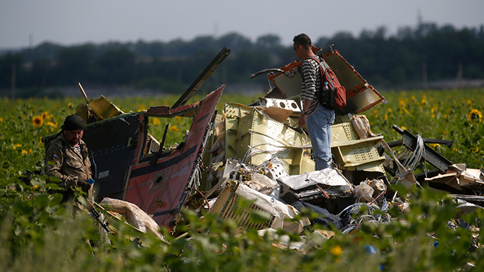 A Malaysian air crash investigator (R) inspects the crash site of Malaysia Airlines Flight MH17, near the village of Rozsypne, Donetsk region, July 22, 2014 (Reuters / Maxim Zmeyev)