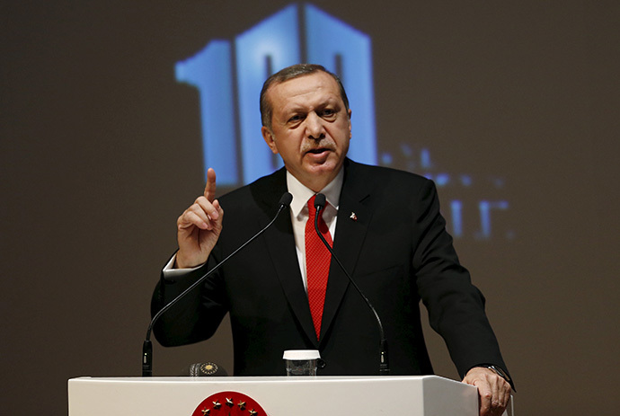Turkey's President Tayyip Erdogan makes a speech during a Peace Summit ahead of the 100th anniversary of the Battle of Gallipoli, in Istanbul April 23, 2015. (Reuters/Murad Sezer)