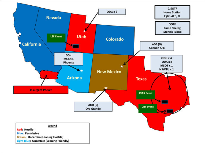 Map showing 7 states where US military forces will participate in domestic training (Image from the US Army Special Operations Command)