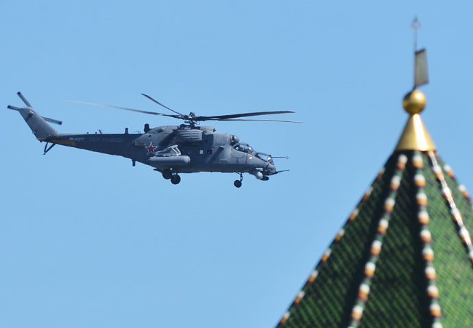 A Mil Mi-35 Hind helicopter at the final rehearsal of the military parade to mark the 70th anniversary of Victory in the 1941-1945 Great Patriotic War. (RIA Novsti/Ramil Sitdikov)