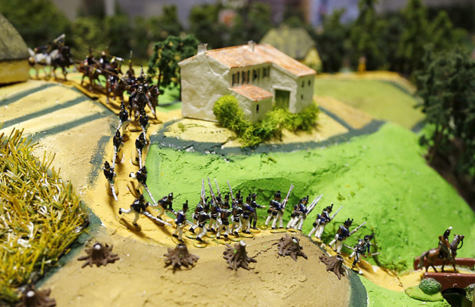 Figurines representing the Prussian army are seen on a 40-square-metre miniature model of the June 18, 1815 Waterloo battlefield, in Diest, Belgium, in this picture taken on April 29, 2015. (Reuters/Francois Lenoir)