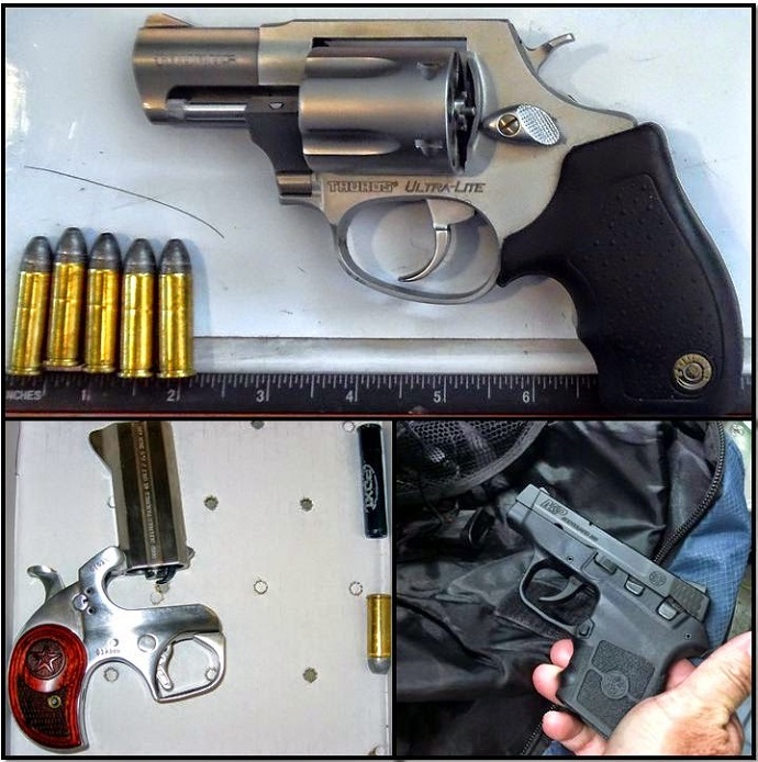 Clockwise from top, these firearms were discovered in carry-on bags at the Buffalo, New York; Dallas-Fort Worth, Texas; and Indianapolis, Indiana airports (Transportation Security Administration)
