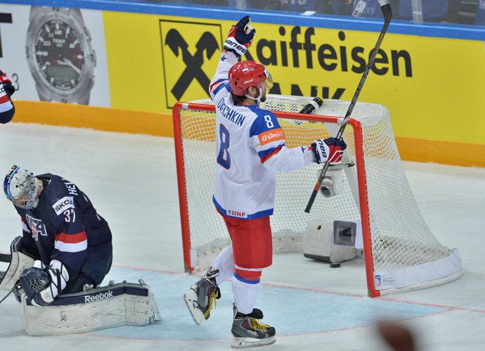 Alex Ovechkin gives Russia a 2-0 lead in the semifinals against Team USA (RIA Novosti / Alexey Kudenko)