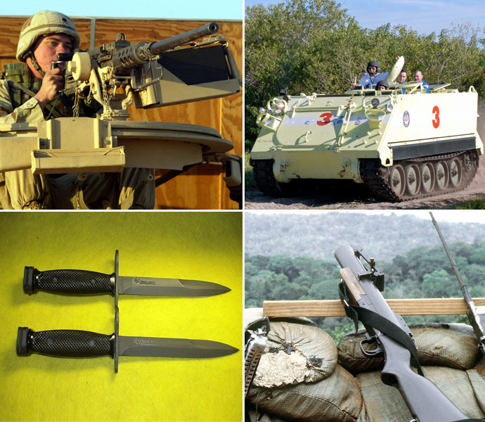 Banned: (from top left) .50 cal MG, M113 APC, bayonets, grenade launchers (Reuters/usmilitaryknives.com/wikipedia.org)