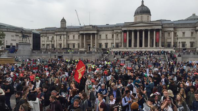 Queen's Speech: Anti-austerity protesters gather in Trafalgar Square