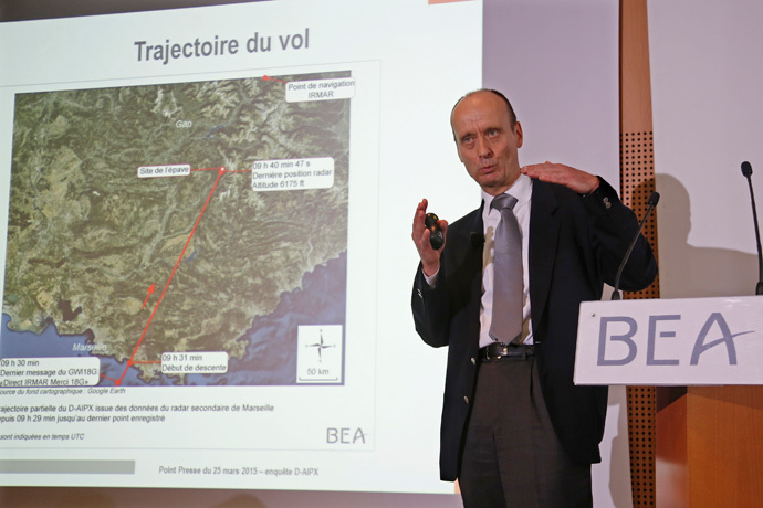 Remi Jouty, president of France's Bureau d'Enquetes et d'Analyses BEA (Air Accident Investigator), speaks during a press conference about the air crash at their headquarters in Le Bourget near Paris, March 25, 2015. (Reuters / Charles Platiau)