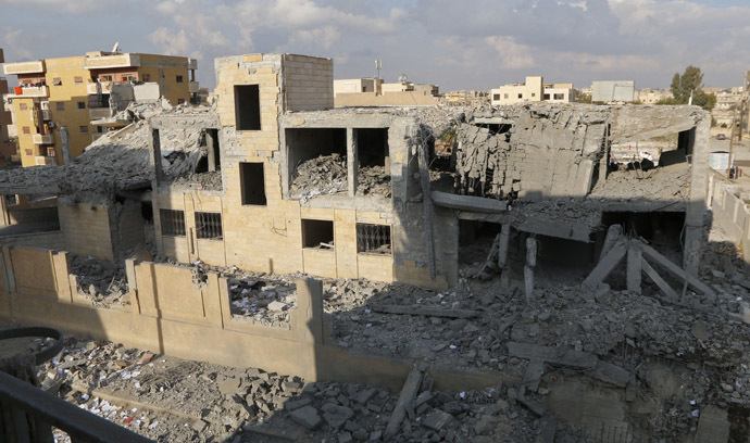 A general view shows a school for the deaf and mute, destroyed in what activists said were overnight U.S.-led air strikes against the Islamic State, in Raqqa November 24, 2014. (Reuters/Nour Fourat)