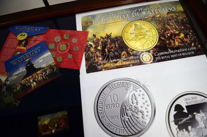 A pack of commemorative coins marking the 200th anniversary of The Battle of Waterloo is displayed during a ceremony at the Royal Belgium Mint in Brussels on June 8, 2015. (AFP Photo/Emmanuel Dunand)