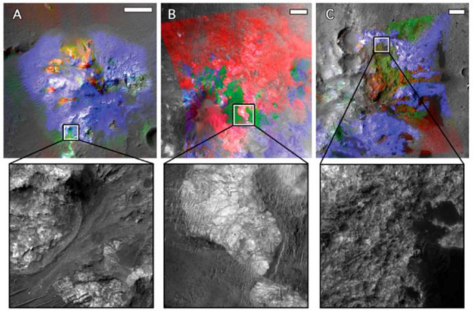 Compact Reconnaissance Imaging Spectrometer for Mars (CRISM) maps of modeled mineralogy (olivine in red; mafic glass in green; pyroxene in blue) projected over Context Camera (CTX) imagery. (Geological Society of America and Kevin M. Cannon and John F. Mustard, Brown University, Providence, Rhode Island, USA.)