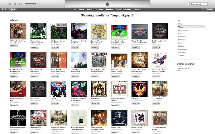 Lynyrd Skynyrd albums available on Apple iTunes (screenshot)