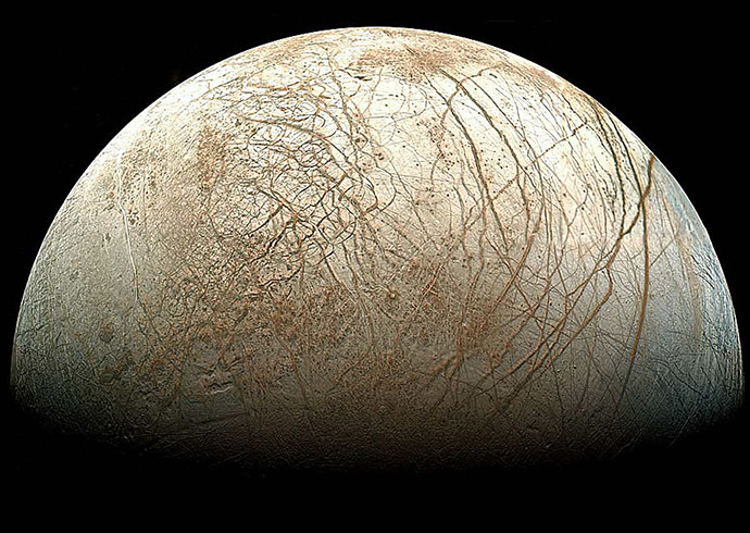 Gibbous Europa (Credit: Galileo Project, JPL, NASA; Copyright: reprocessed by Ted Stryk)