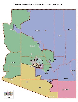 Current Arizona congressional districts, as approved by the Arizona Independent Redistricting Commission (http://azredistricting.org/)