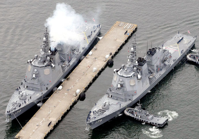 Japan Maritime Self-Defense Force's (JMSDF) ballistic missile defense ships Chokai (R) and Kongou (Reuters/Kyodo)