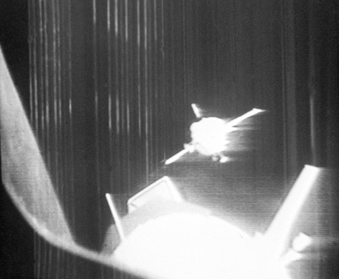 Soyuz-19 docks with Apollo spacecraft during the Apollo-Soyuz Test Project. Still from TV screen. (RIA Novosti/Eduard Pesov)