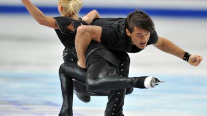 Russian figure skaters show off against Swiss backdrop