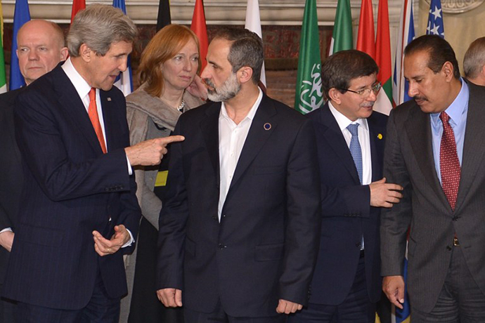 US Secretary of State John Kerry, the Syrian opposition's National Coalition chief Ahmed Moaz al-Khatib, Turkey's foreign minister Ahmet Davutoglu and Qatari Prime Minister Sheikh Hamad bin Jassim al-Thani take place for the family photo of a meeting of the "Friends of the Syrian People (FOSP) Ministerial" group on February 28, 2013 in Rome. (AFP Photo / Alberto Pizzoli)