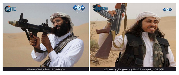 This video image released courtesy of SITE Intelligence Group, shows never-before-released pictures of Anwar al-Awlaki and Samir Khan, who were killed in a CIA drone strike on September 30, 2011 (AFP Photo / Site Intelligence Group / Handour)
