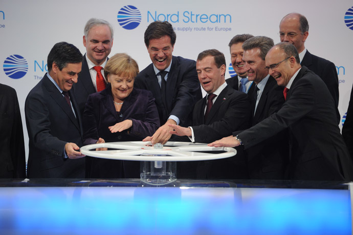 Russian President Dmitry Medvedev (third right), Federal Chancellor Angela Merkel (center), Dutch Prime Minister Mark Rutte (center) and French Prime Minister Francois Fillon (left) seen standing by the symbolic valve at the German Baltic coast's Lublin ceremony of launching Russian gas supplies to Europpean consumers via the underwater North Stream pipeline. (RIA Novosti)