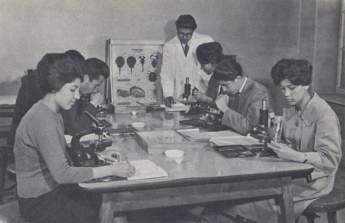  "Biology class, Kabul University." In the 1950s and '60s, women were able to pursue professional careers in fields such as medicine. Today, schools that educate women are a target for violence, even more so than five or six years ago.