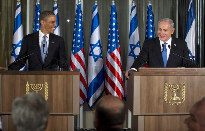 Israeli Prime Minister Benjamin Netanyahu (R) and US President Barack Obama hold a joint press conference at the Prime Minister's Residence in Jerusalem, on March 20, 2013, on the first day of Obama's three day trip to Israel and the Palestinian Territories. (AFP Photo)