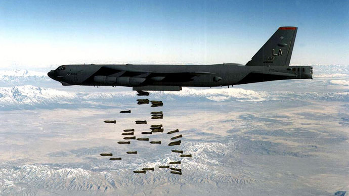 B-52H bomber dropping a load of M117 750lb bombs at an undisclosed location.(AFP Photo / USAF)