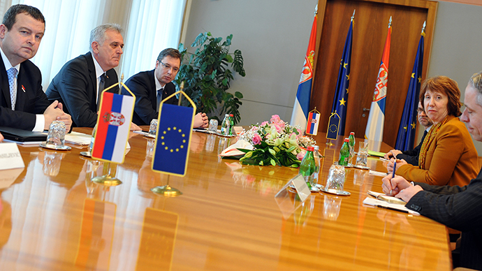 EU High Representative for Foreign Affairs and Security Policy Catherine Ashton attends a meeting with Serbian President Tomislav Nikolic, Prime Minister Ivica Dacic and First Deputy Prime Minister Aleksandar Vucic in the Palace of Serbia in Belgrade on March 14, 2013. (AFP Photo / Andrej Isakovic)