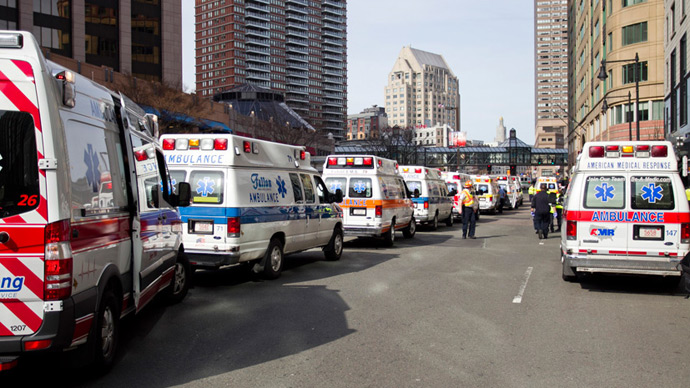 Ambulances line the street after explosions reportedly interrupted the running of the 117th Boston Marathon in Boston, Massachusetts April 15, 2013 (Reuters / Dominick Reuter)