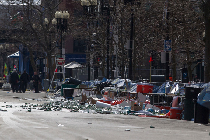 The scene of multiple explosions near the end of the Boston Marathon finish line in Boston, Massachusetts April 15, 2013 (Reuters / Scott Eisen)