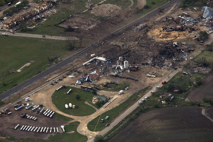 An aerial view shows the aftermath of a massive explosion at a fertilizer plant in the town of West, near Waco, Texas April 18, 2013. (Reuters)