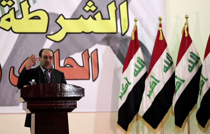 Iraqi Prime Minister Nuri al-Maliki gives a speech at an Iraqi police unit in Baghdad on January 9, 2013, during celebrations to mark the 91st anniversary of the founding of the country's police. (AFP Photo)