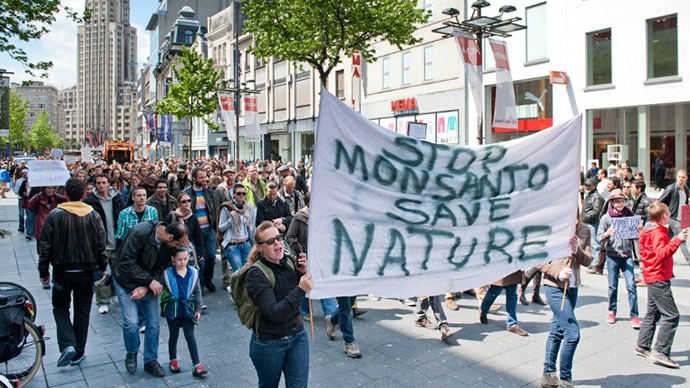 Protesters march on the Meir in Antwerp on May 25, 2013 during a protest against the American multinational agricultural biotechnology corporation Monsanto. (AFP Photo / Jonas Roosens)
