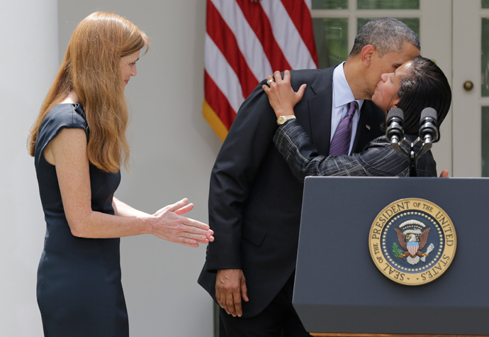 U.S. President Barack Obama kisses Susan Rice after his announcement of Rice's appointment as his National Security Advisor and Samantha Power (L) as U.S. Ambassador to the United Nations, during a statement in the Rose Garden of the White House in Washington, June 5, 2013 (Reuters / Joshua Roberts) 