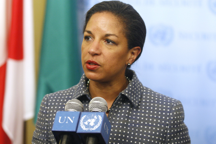 Susan Rice, United States Ambassador to the United Nations, speaks to the media during a U.N. Security Council consultation on the latest development in North Korea April 5, 2009 at United Nations headquarters in New York City (Daniel Barry / Getty Images / AFP) 