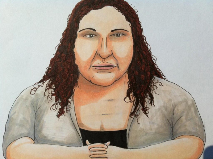 Jihrleah Showman on the stand at the Manning trial. Graphic by Clark Stoeckley, @WikileaksTruck